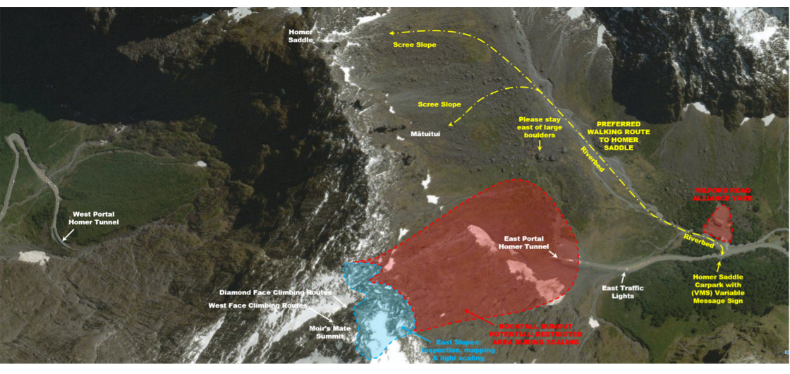 CLIMBERS AND HIKERS PLEASE FOLLOW THE YELLOW ROUTE AS INDICATED ABOVE. Image highlights areas scheduled for rock slope inspections & light scaling to reduce rockfall risk to road users below. Please state your intentions in either the route book at Homer Hut or at the Variable Message Sign trailer at the Carpark and confirm your intentions with the Homer Hut warden or with the DOC Te Anau visitor centre. Map