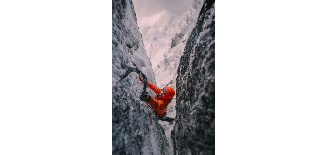Ted Bannister-Sutton grovelling through the second squeeze of Sgian Dubh. Photo: Adam Flower Ice climber
