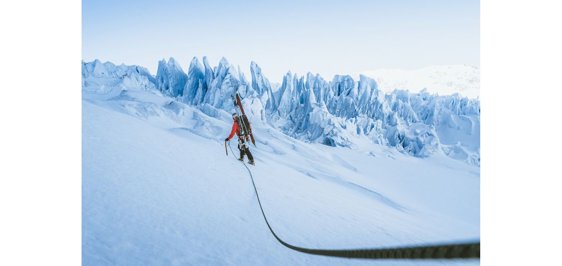 Ski mountaineer navigates icefall