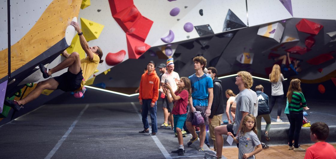 Sefton Priestley, the overall organiser of the NIBS series, competing at the Auckland Boulder Co event. Photo: Lee Howell Climber in competition