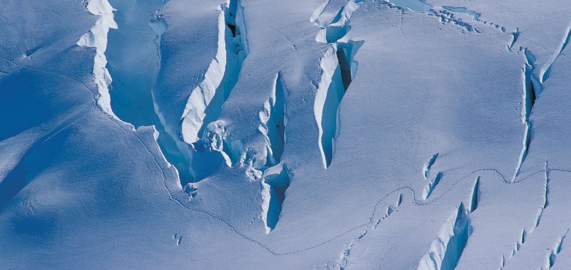 Walking tracks across a crevassed glacier