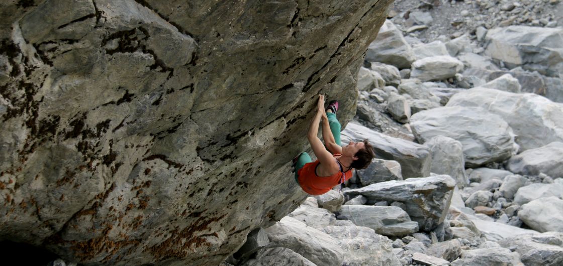 Erin Stewart on Ladies First Female climber on steep rock.