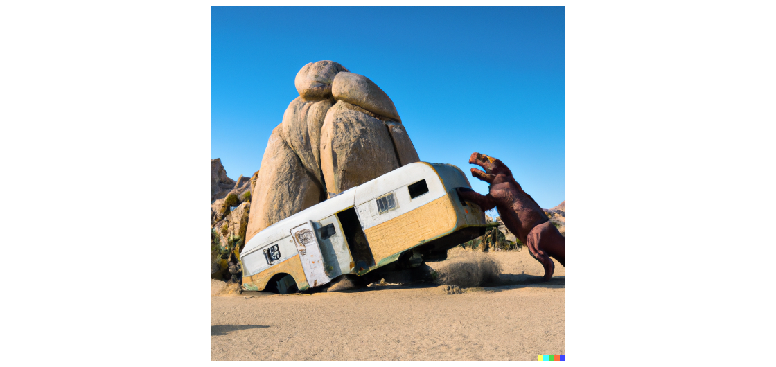 Dinosaur destroying an RV at Joshua Tree Image: DALL-E Dinosaur destroying an RV at Joshua Tree