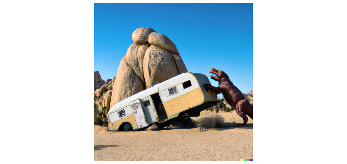 Dinosaur destroying an RV at Joshua Tree