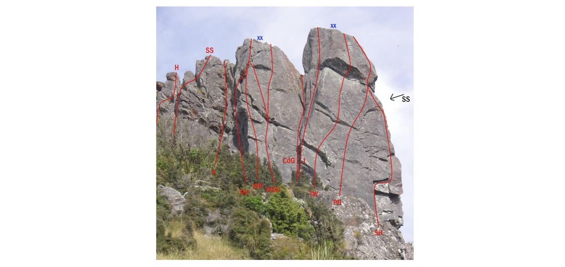 Gibraltar Rock as shown on ClimbNZ.org.nz Rock outcrop with climbing routes marked