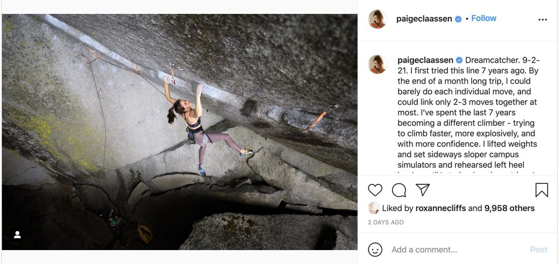 Paige Claassen on Dreamcatcher. Photo:Arjan De Kock/Instagram Female climber on steep route.
