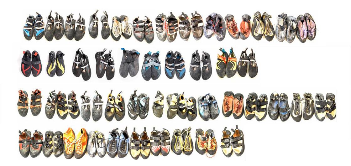 A collection of climbing shoes