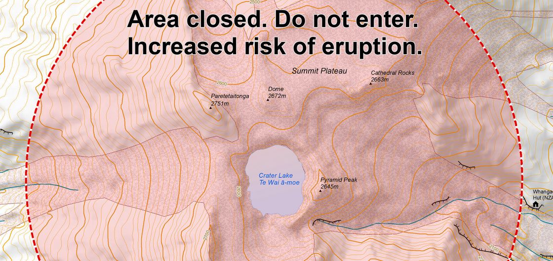 Ruapehu Warning Map of volcano warning area