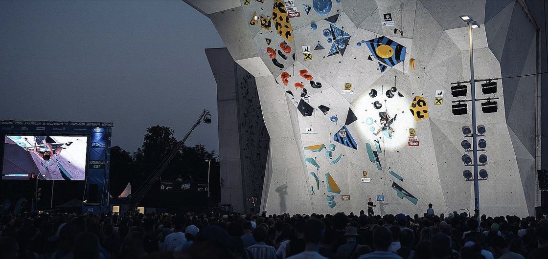 Competition climber on large lead wall