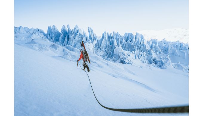 Ski mountaineer navigates icefall