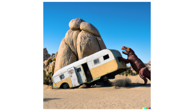 Dinosaur destroying an RV at Joshua Tree