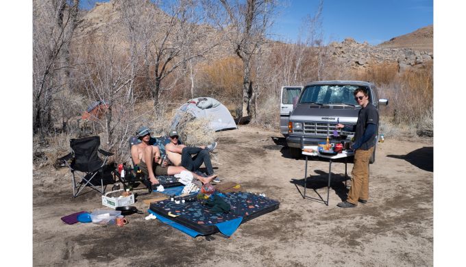 Climber's campsite with van and tents.