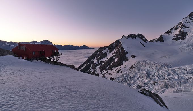 Mountain hut at dawn