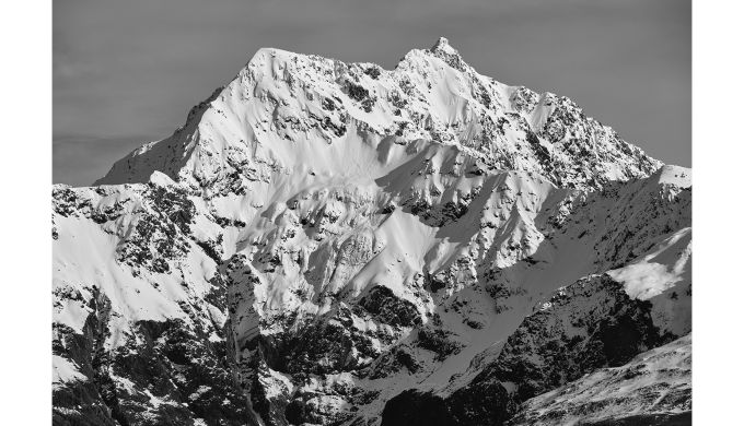 Black and white image of snowy mountain