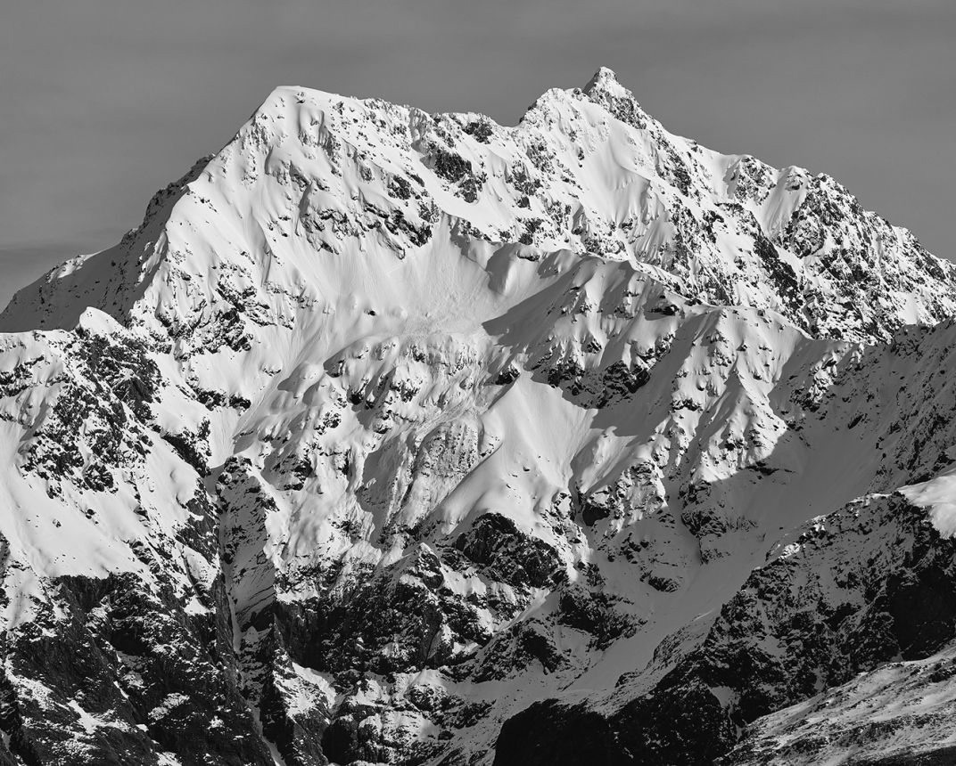 Black and white image of snowy mountain