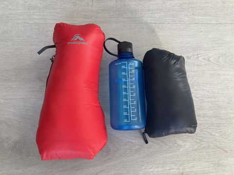 Jacket in stuff sack compared to 1L bottle
