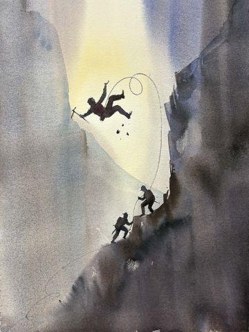 Watercolour painting of climbing scene