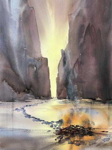 Watercolour painting of campfire scene