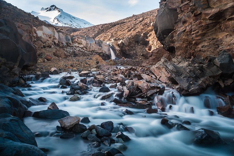 Long exposure of river and volcanic terrain