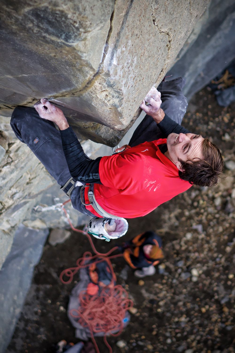 Climber eyes the next chalky hold