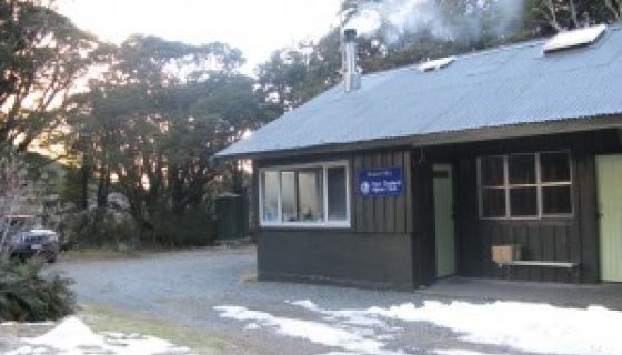 Homer Hut exterior with snow