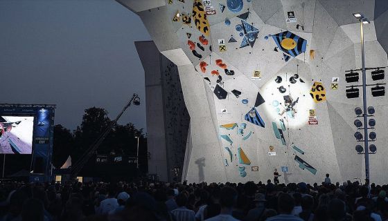 Competition climber on large lead wall