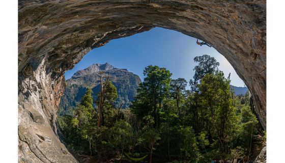Fisheye view of climber in cave