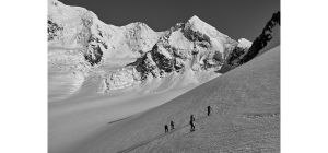 black and white image oif mountaineers near Aoraki